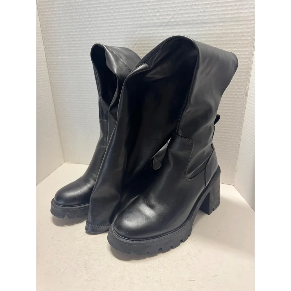 Zara Black Faux Leather Over The Knee Platform Lug Sole Boots 3024/011/040 37